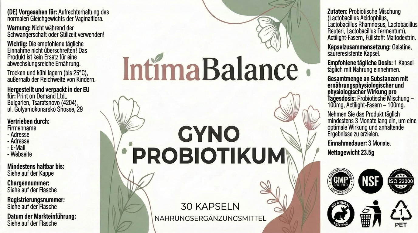 IntimaBalance vollständiges Produktetikett mit Inhaltsstoffen, Dosierungsanleitung und Zertifizierungen